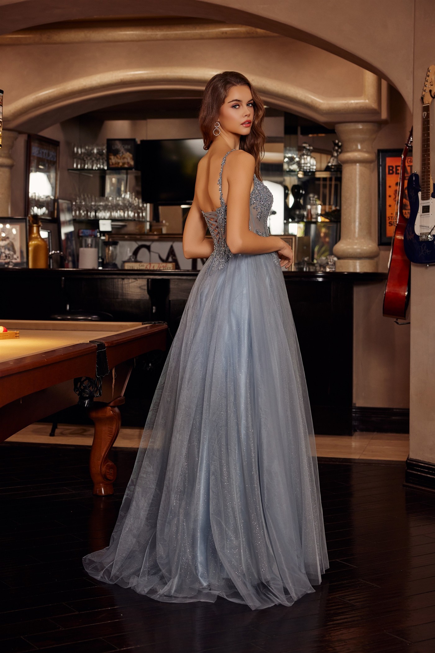 Fit And Flare Long Tulle Gown With Plunging V Neckline Prom Dress #F1726