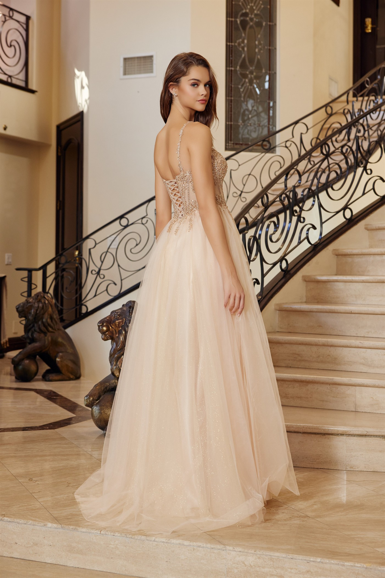 Fit And Flare Long Tulle Gown With Plunging V Neckline Prom Dress #F1726