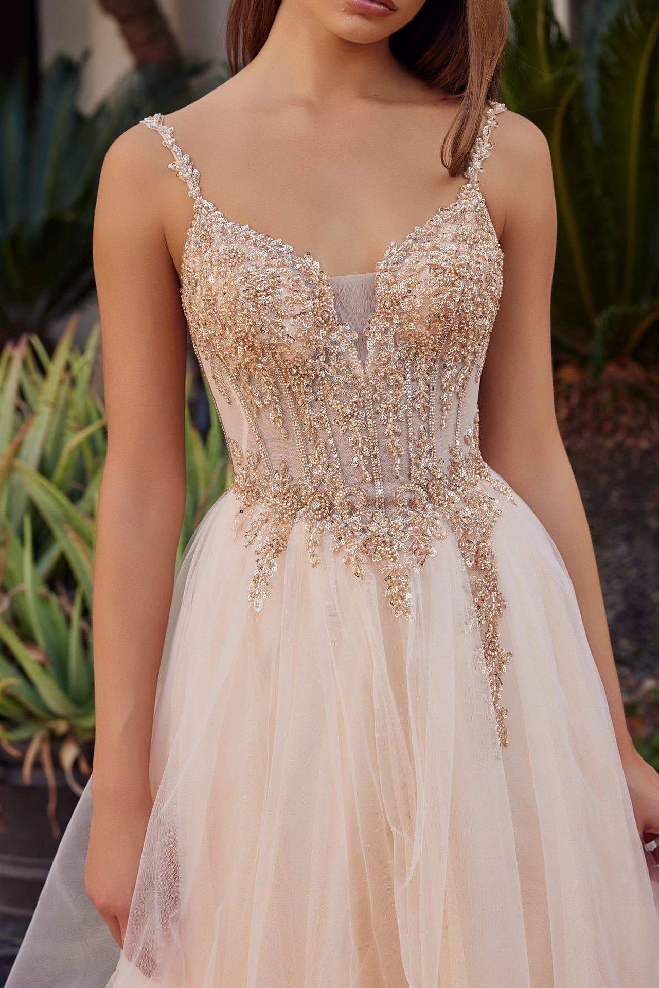 Fit And Flare Long Tulle Gown With Plunging V Neckline Prom Dress #F1726