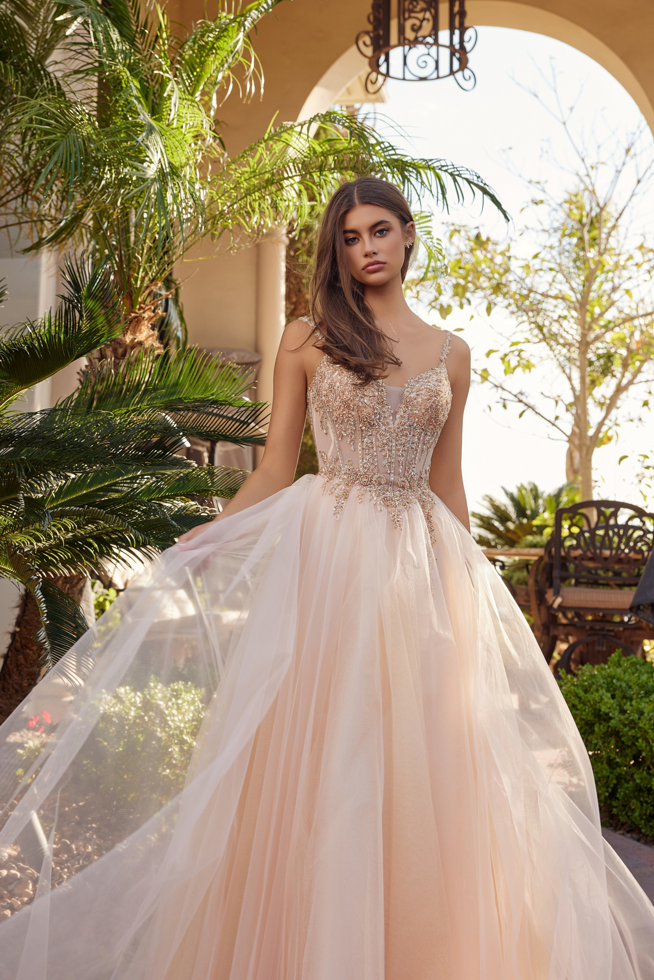 Fit And Flare Long Tulle Gown With Plunging V Neckline Prom Dress #F1726