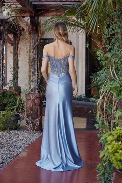 Plunging V Neckline Full Beading Bodice Off Shoulder Straps Prom Dress #F1727