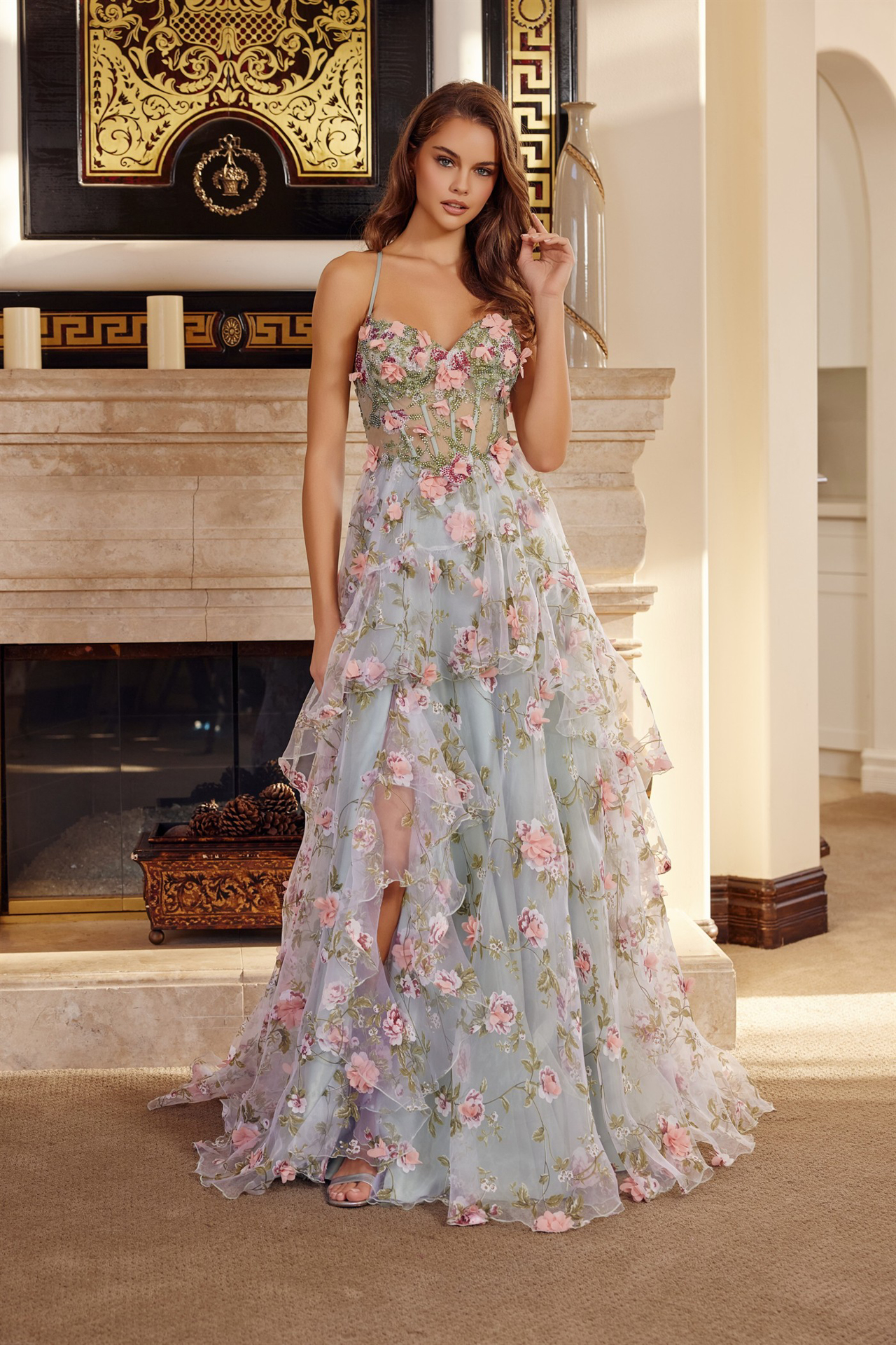 Long Organza Ball Gown With Full Flower Applique V Bustline Prom Dress #G1783