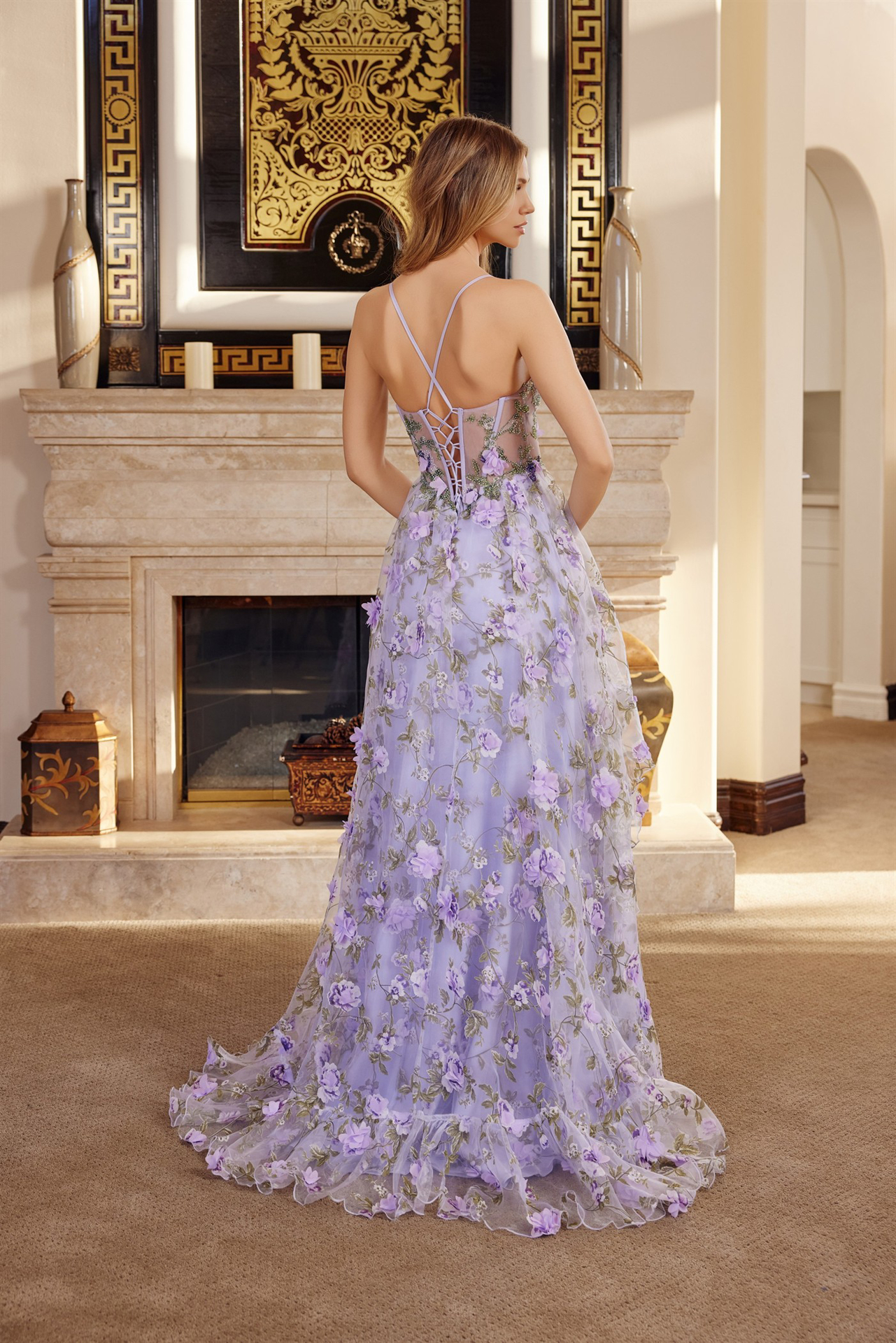 Long Organza Ball Gown With Full Flower Applique V Bustline Prom Dress #G1783