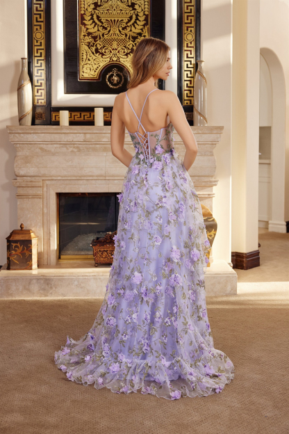 Long Organza Ball Gown With Full Flower Applique V Bustline Prom Dress #G1783