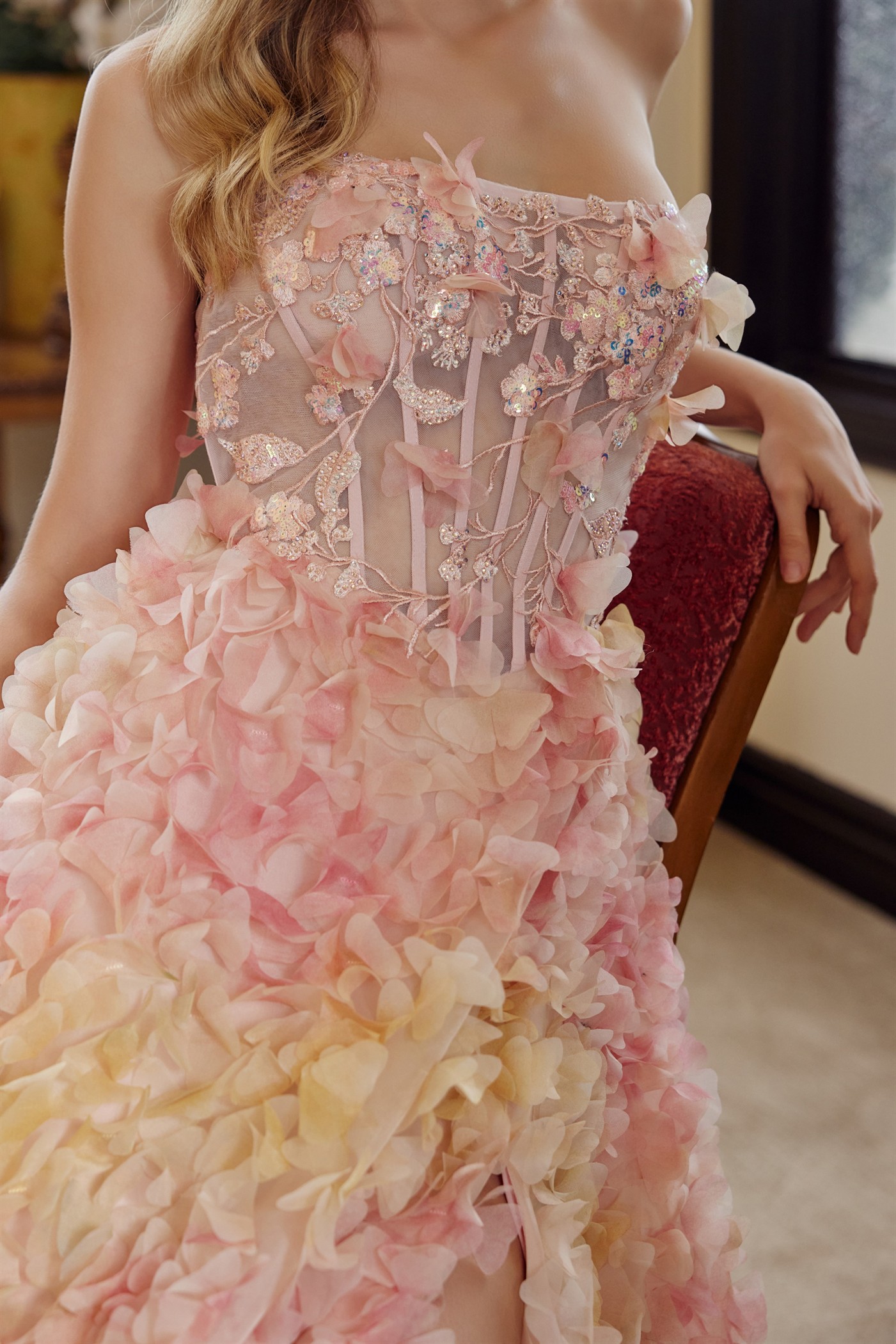 Long Tulle Ball Gown With Full Flower Applique Tie Back Prom Dress #G1790