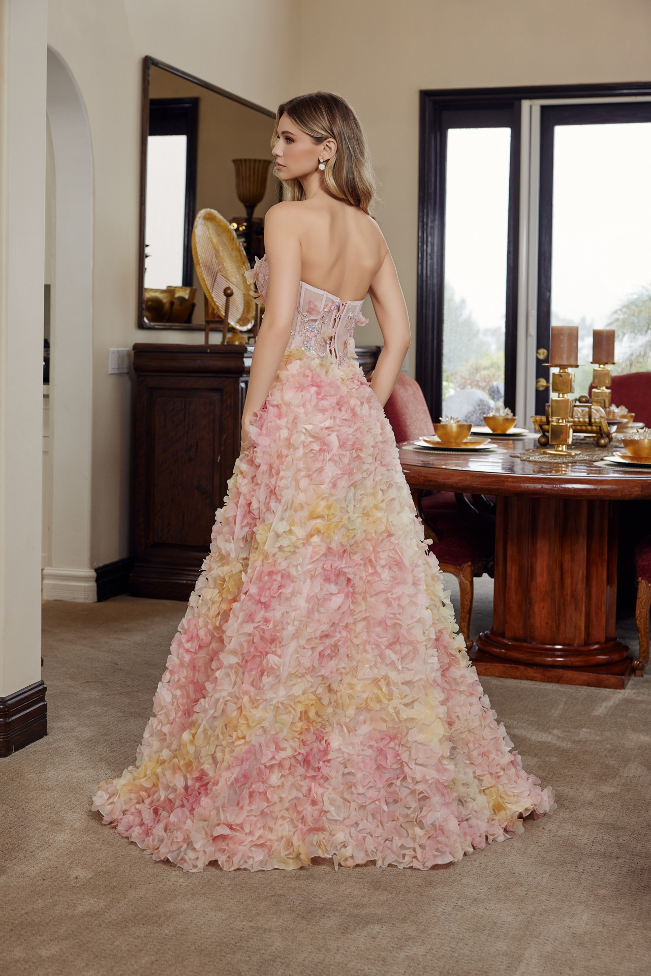Long Tulle Ball Gown With Full Flower Applique Tie Back Prom Dress #G1790