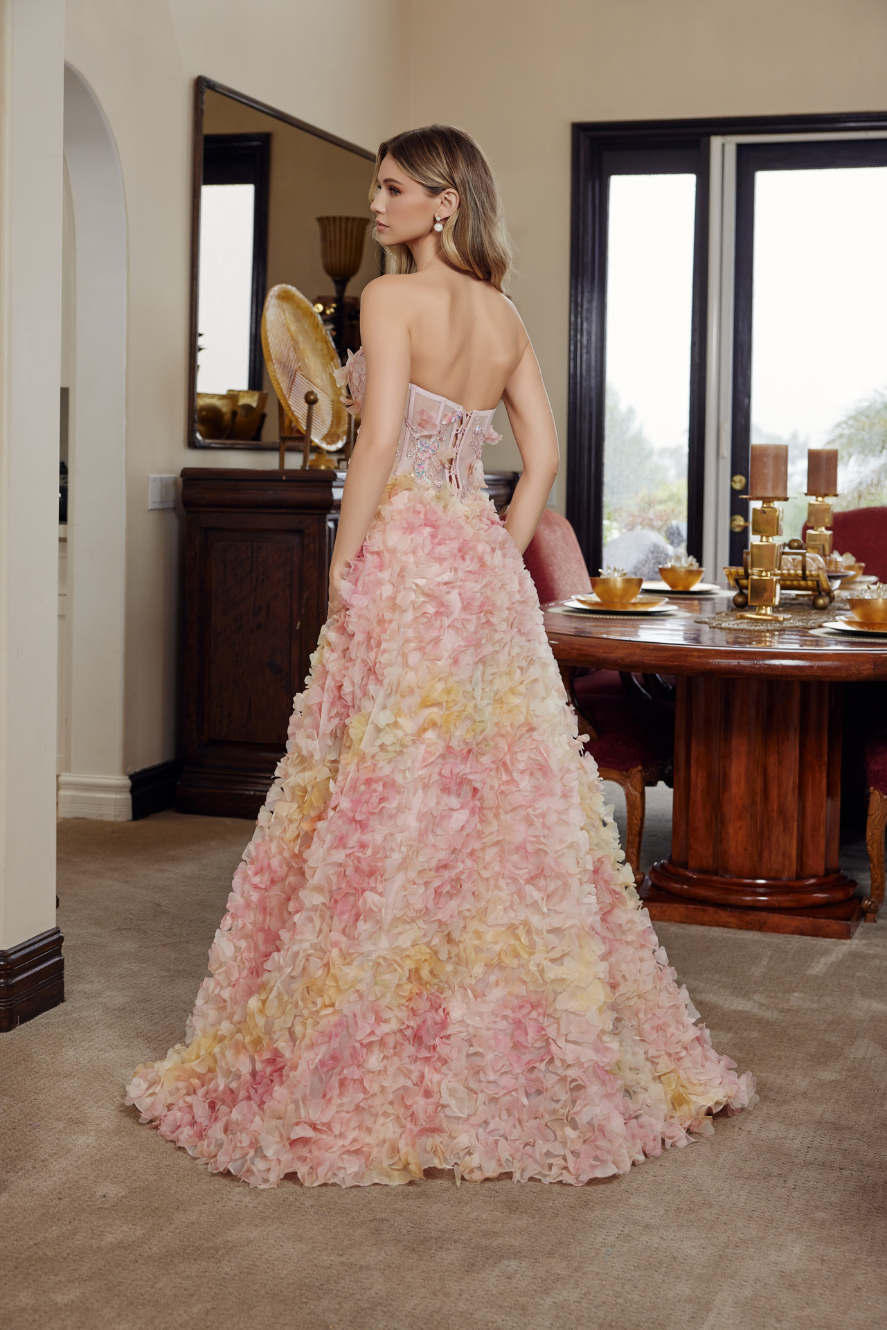 Long Tulle Ball Gown With Full Flower Applique Tie Back Prom Dress #G1790