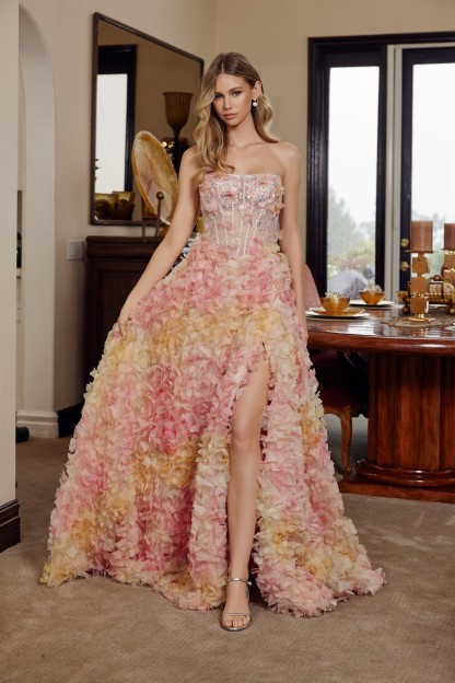 Long Tulle Ball Gown With Full Flower Applique Tie Back Prom Dress #G1790