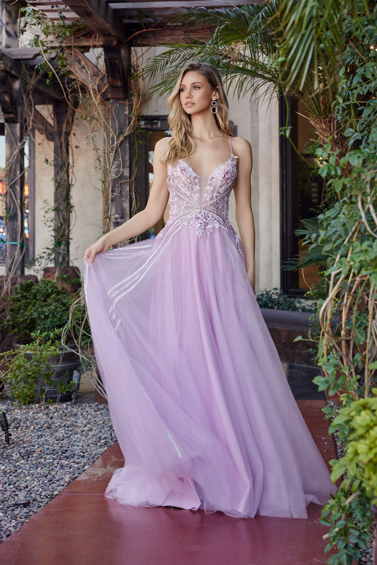 Long Tulle Fit And Flare Gown With Plunging V Neckline Prom Dress #G1795