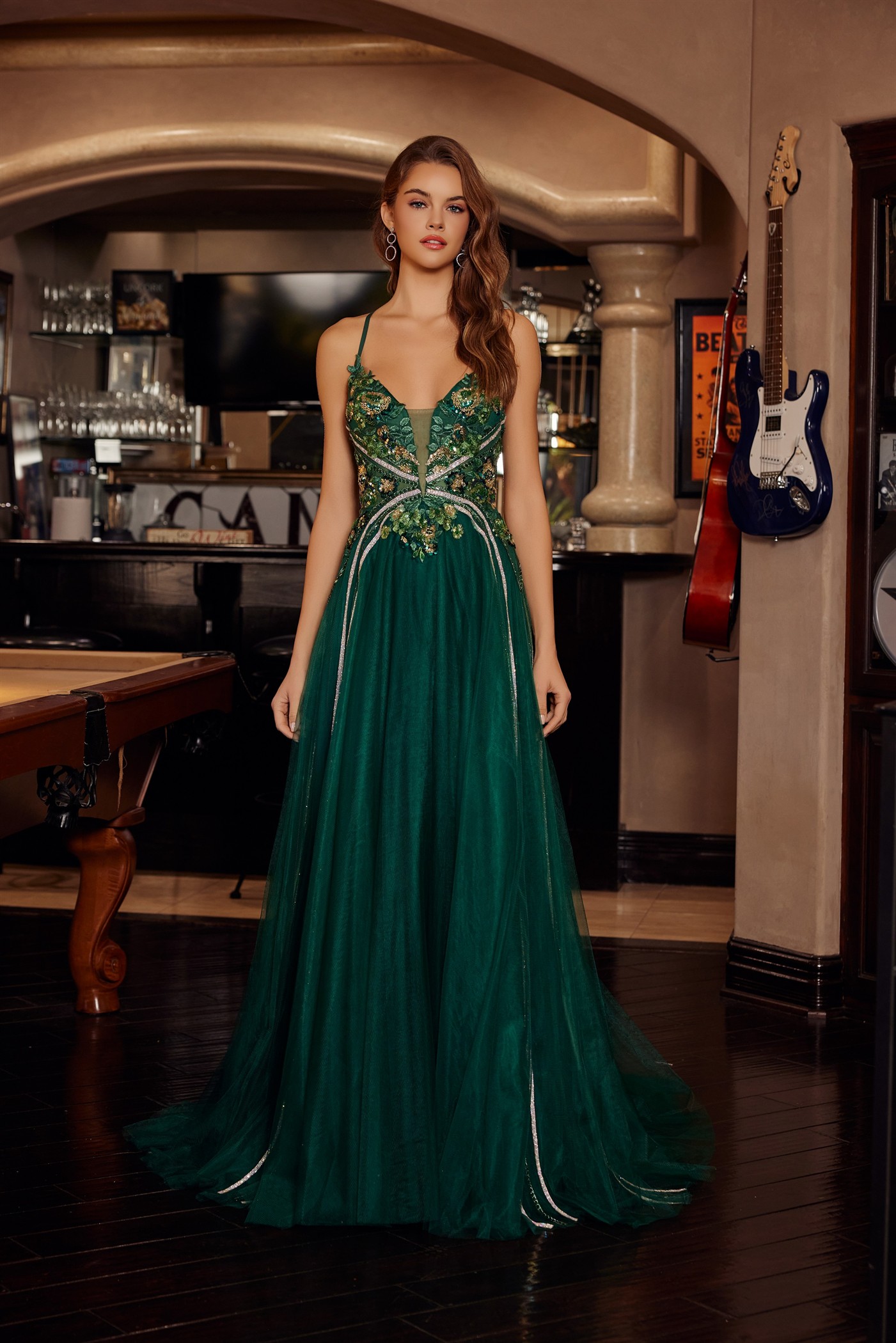Long Tulle Fit And Flare Gown With Plunging V Neckline Prom Dress #G1795