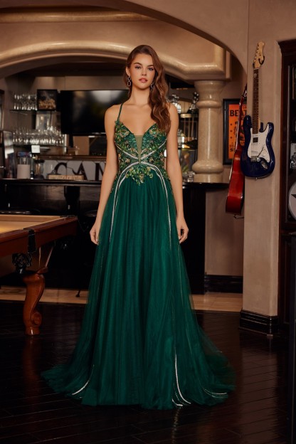 Long Tulle Fit And Flare Gown With Plunging V Neckline Prom Dress #G1795