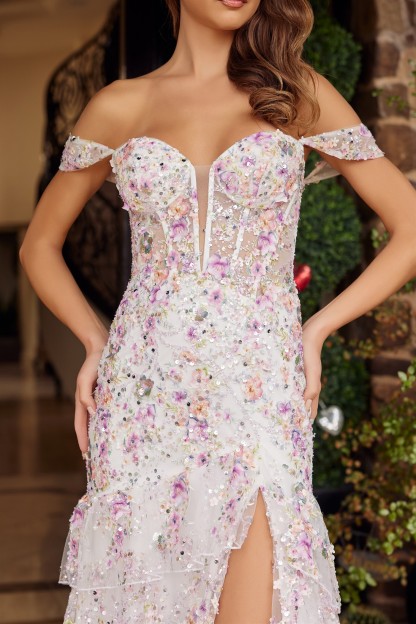 Fit And Flare Tulle Full Flower Sequin Beading Applique Prom Dress #G1916