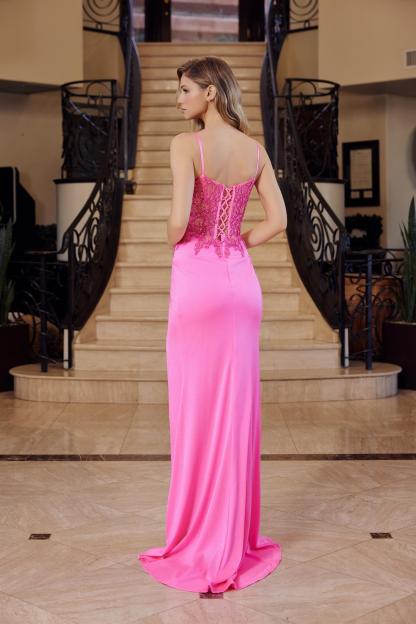 Long Fitted Stretch Satin Material Sheer Boned Waistline Prom Dress #H1670