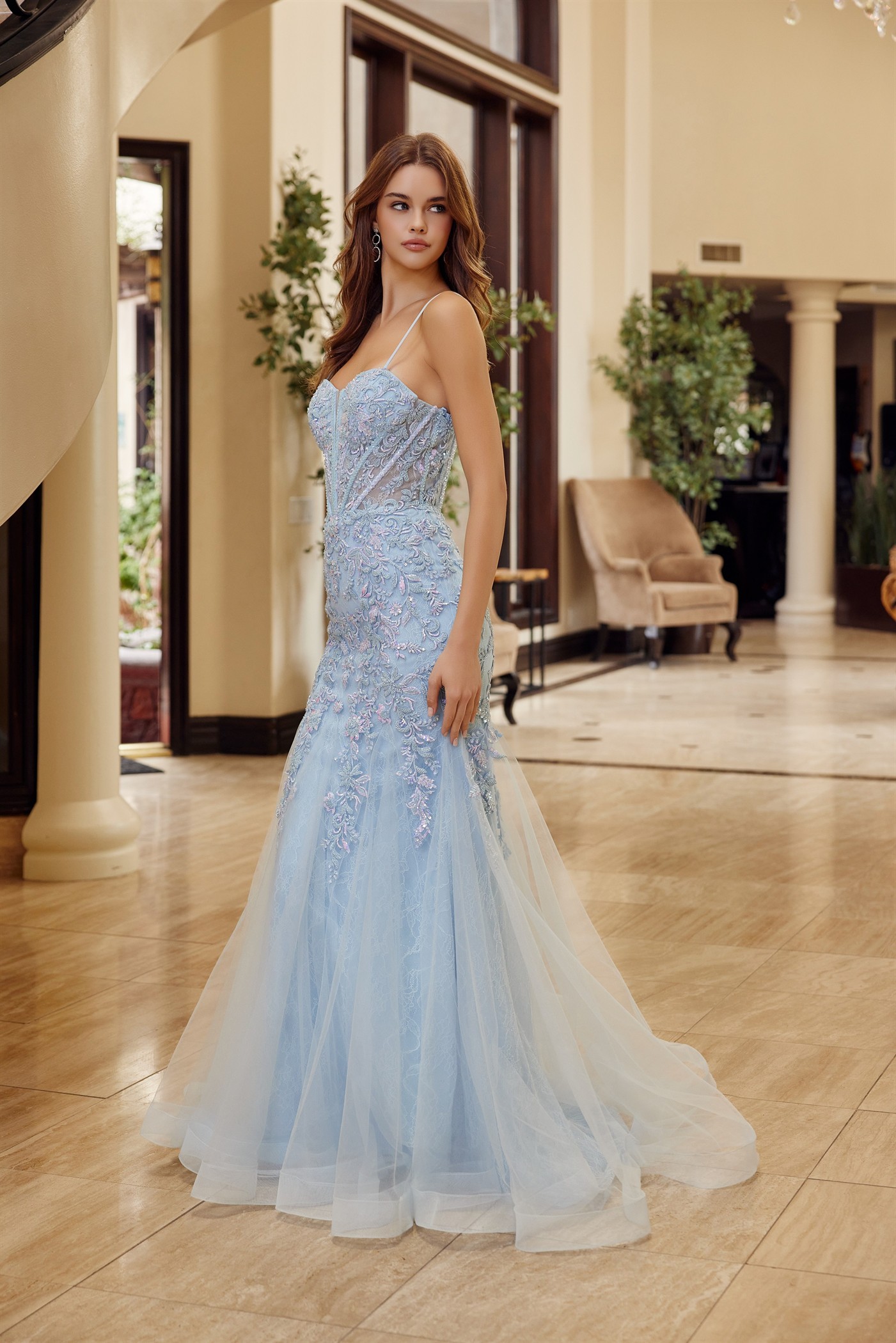 Trumpet Silhouette Tulle Material Plunging Semi Sweethear Prom Dress #H1874