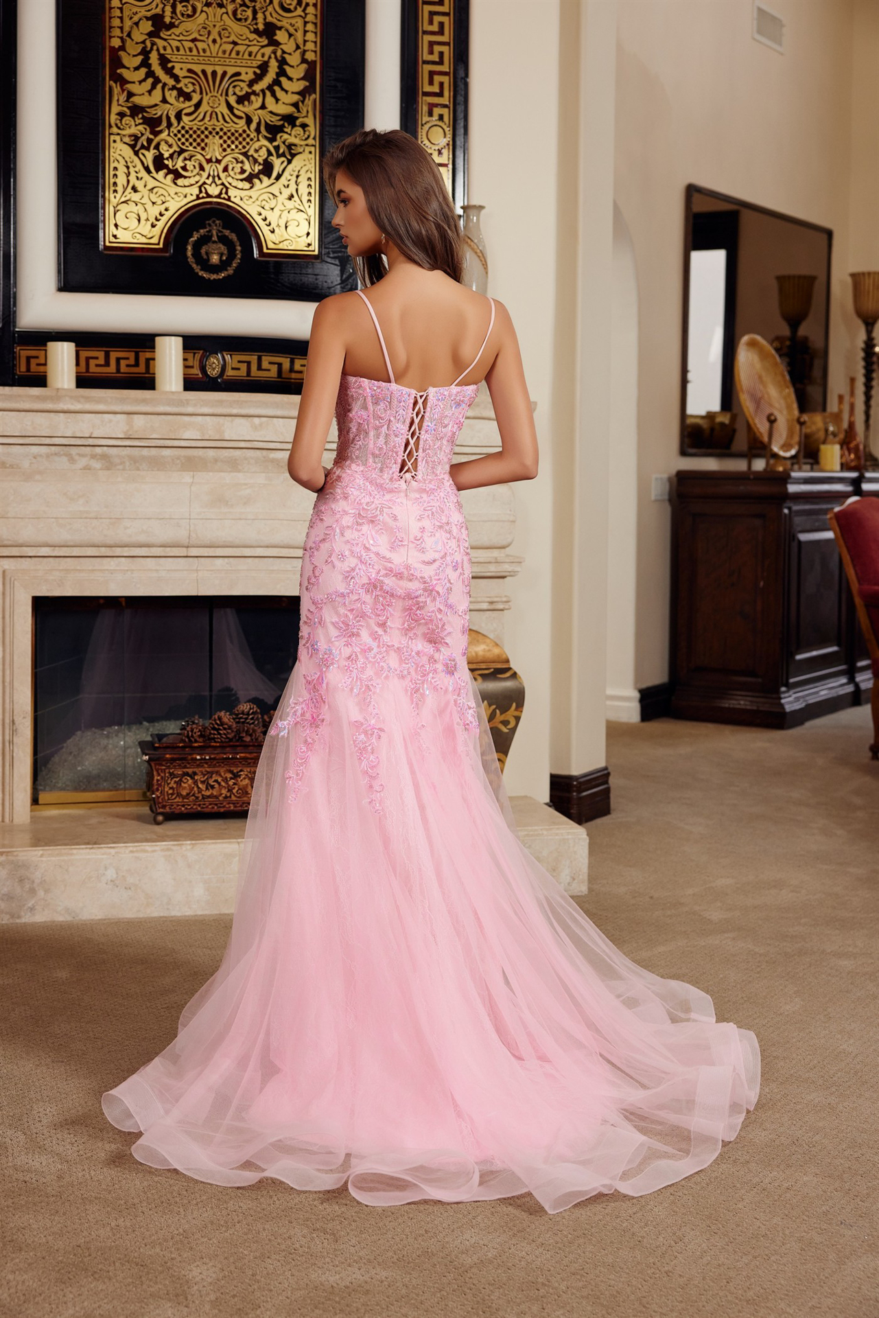 Trumpet Silhouette Tulle Material Plunging Semi Sweethear Prom Dress #H1874