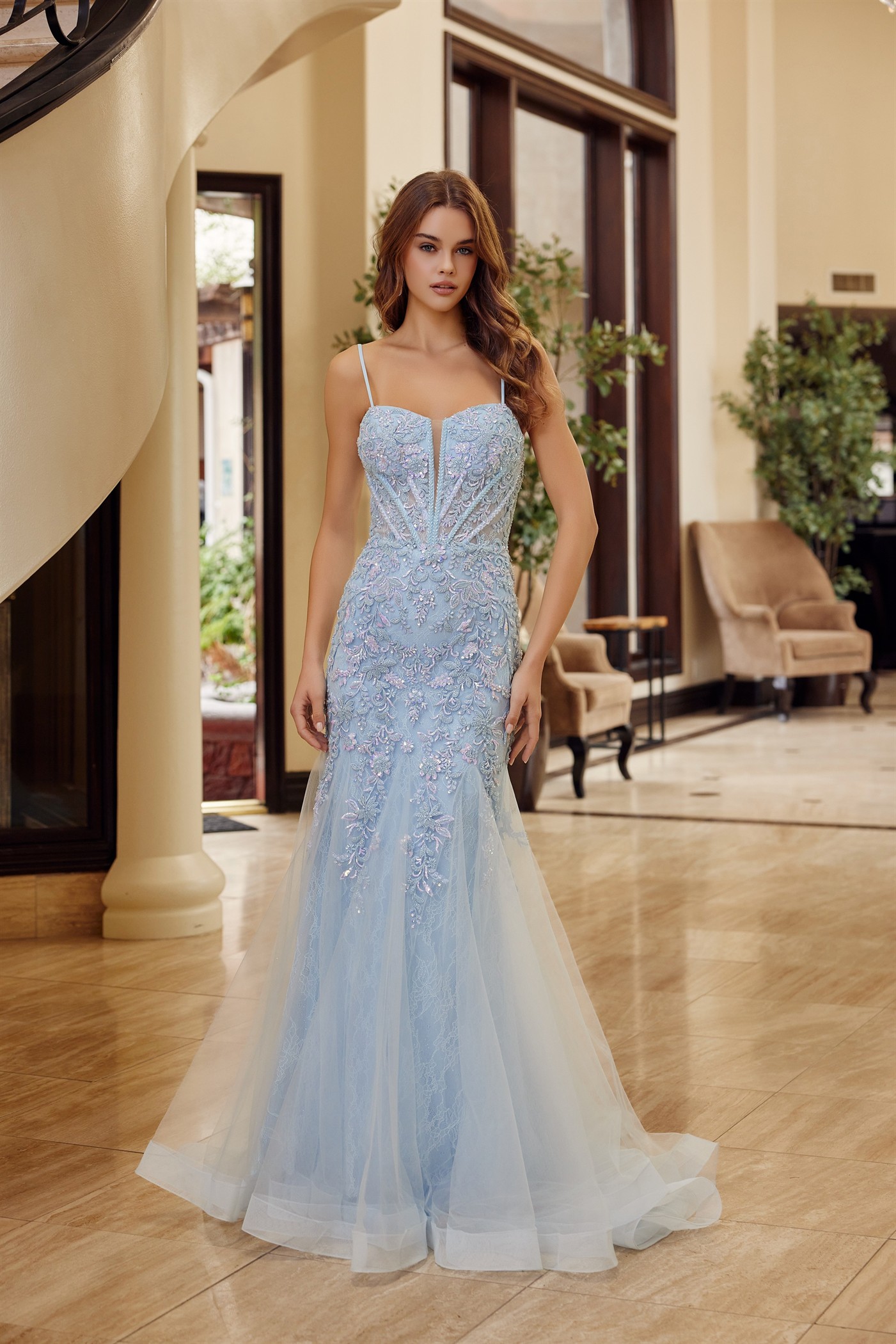 Trumpet Silhouette Tulle Material Plunging Semi Sweethear Prom Dress #H1874