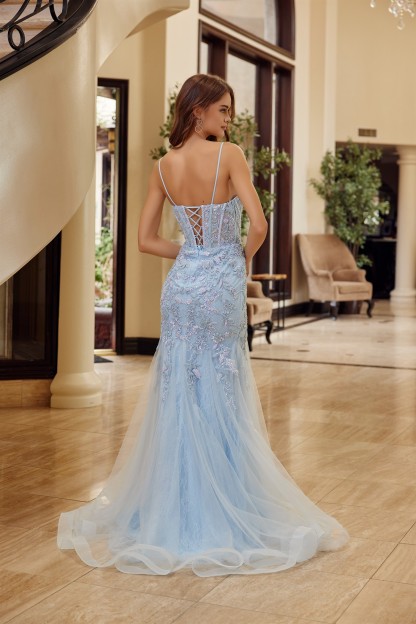 Trumpet Silhouette Tulle Material Plunging Semi Sweethear Prom Dress #H1874