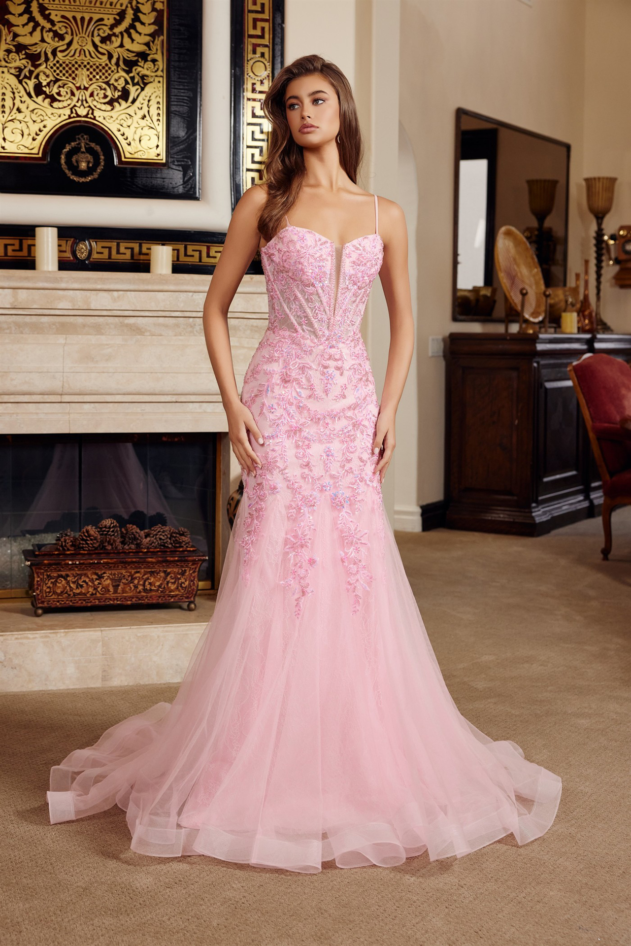 Trumpet Silhouette Tulle Material Plunging Semi Sweethear Prom Dress #H1874