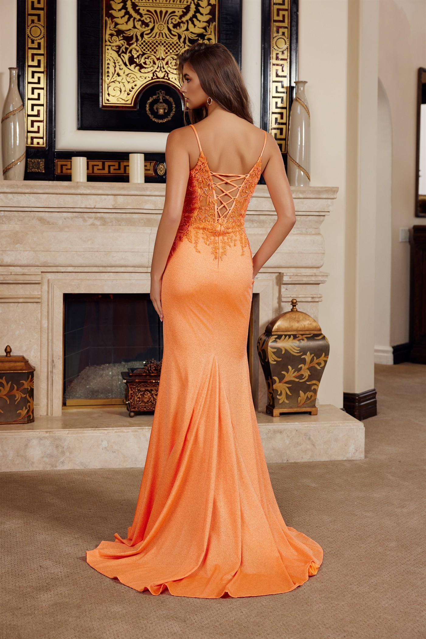 Glitter Stretch Satin Spaghetti Straps V Neckline Prom Dress #H1875