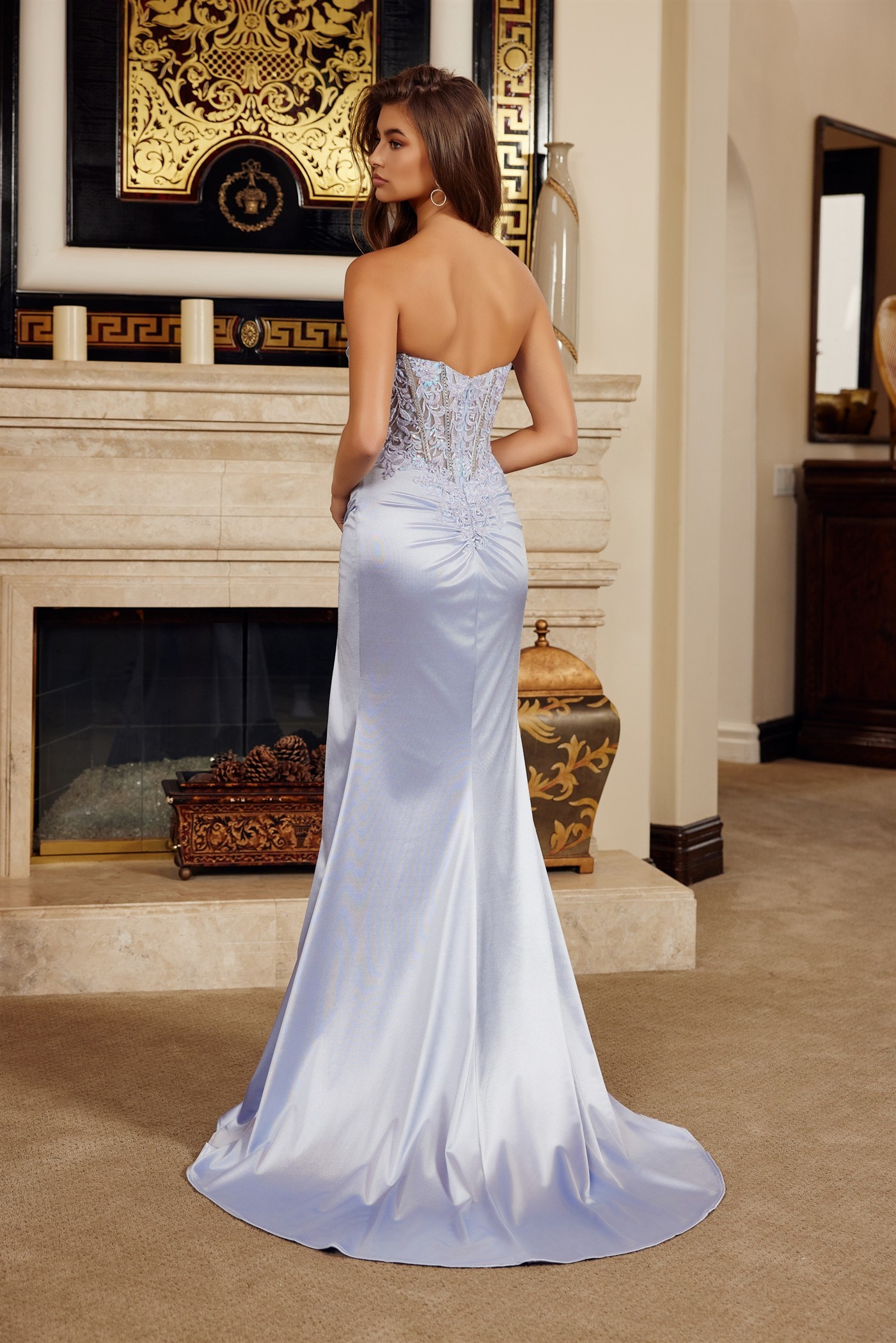 Satin Strapless V Neckline Sequined Embroidery Bodice Prom Dress #H1876