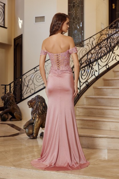 Off Shoulder Strap Stretch Glitter Satin Sweetheart Bustline Prom Dress #H1879