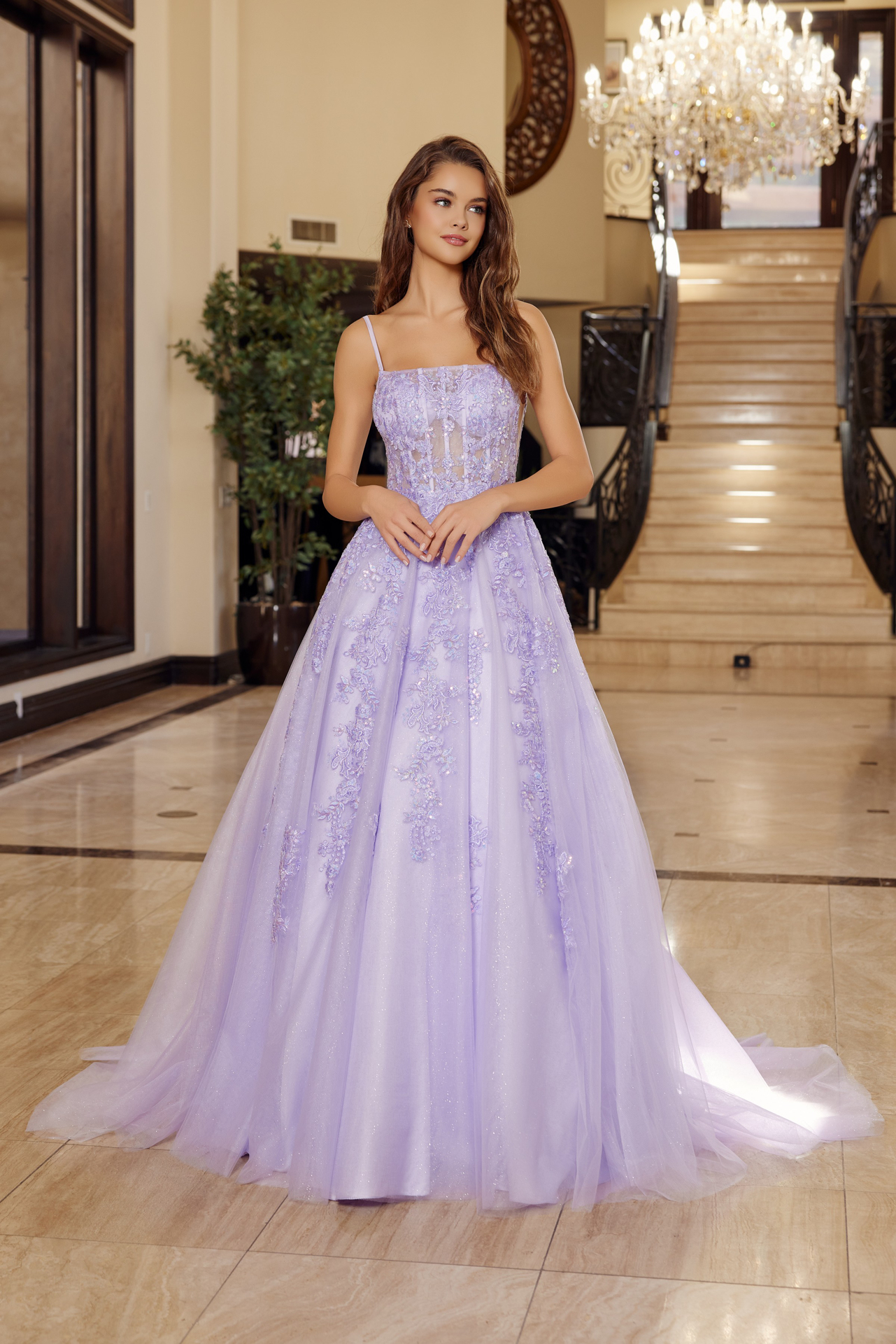 Ball Gown With A Straight Across Bustline Spaghetti Straps Prom Dress #H1880