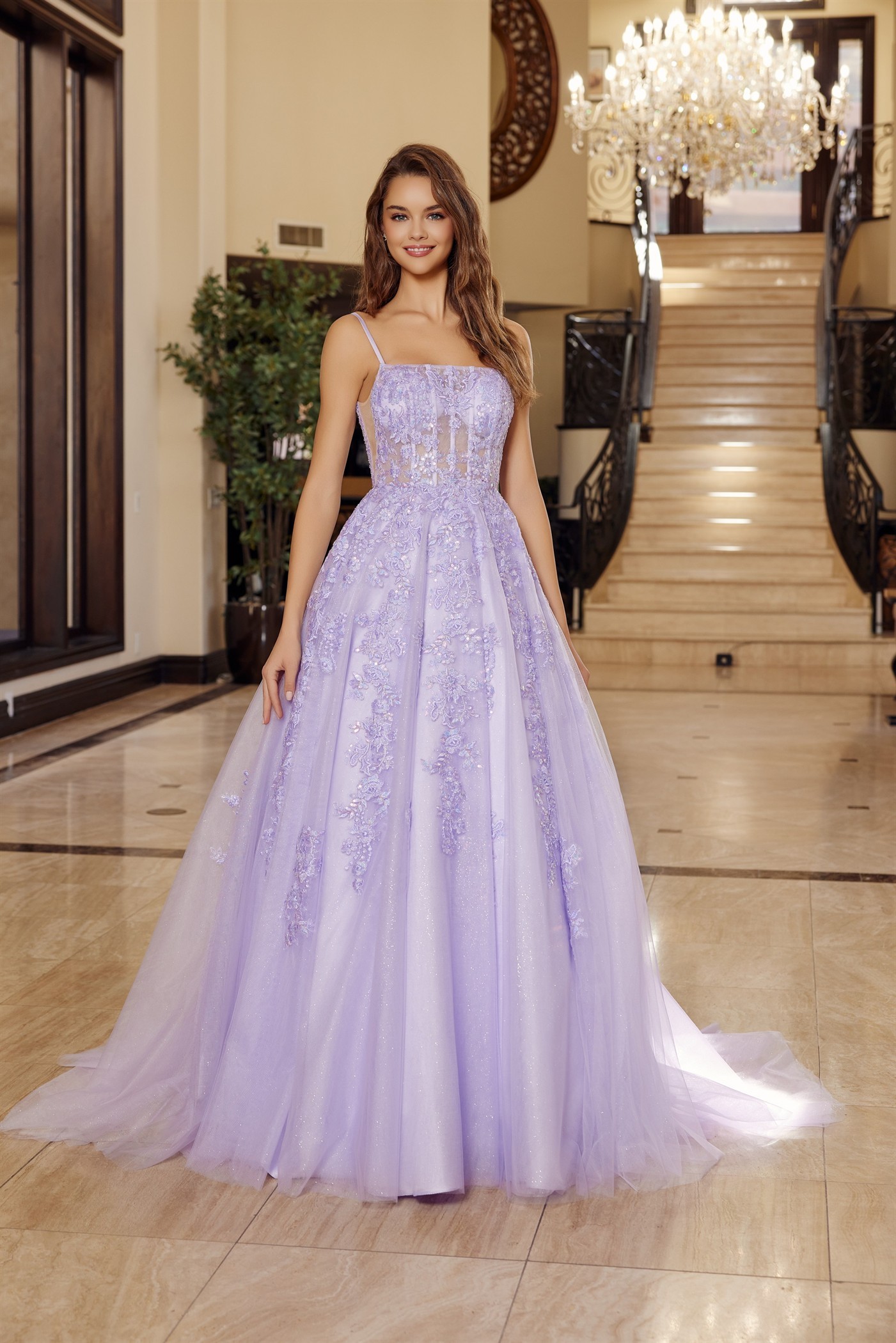 Ball Gown With A Straight Across Bustline Spaghetti Straps Prom Dress #H1880