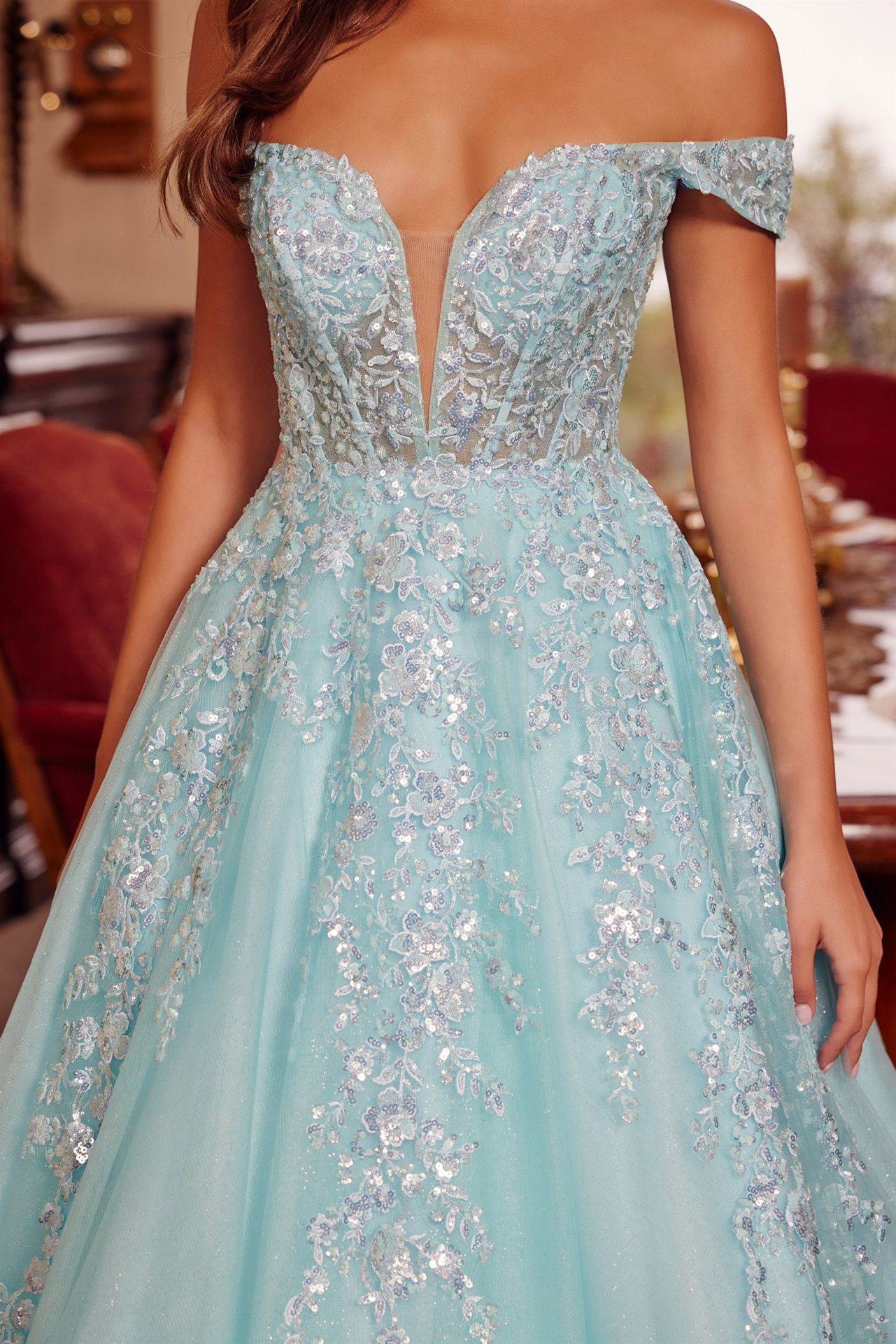 Plunging V Neckline Ball Gown With A Sheer Boned Waistline Prom Dress #H1881