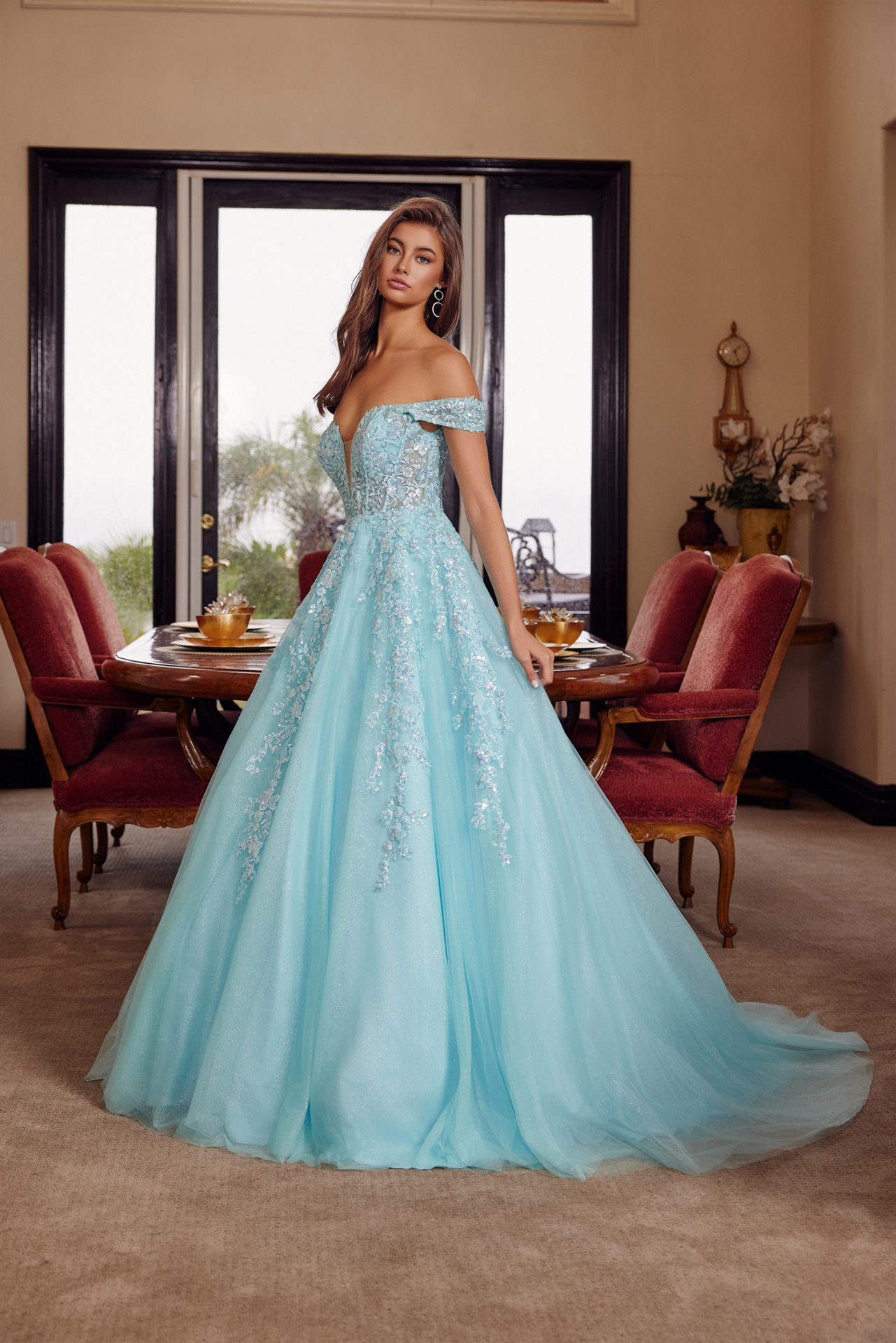 Plunging V Neckline Ball Gown With A Sheer Boned Waistline Prom Dress #H1881