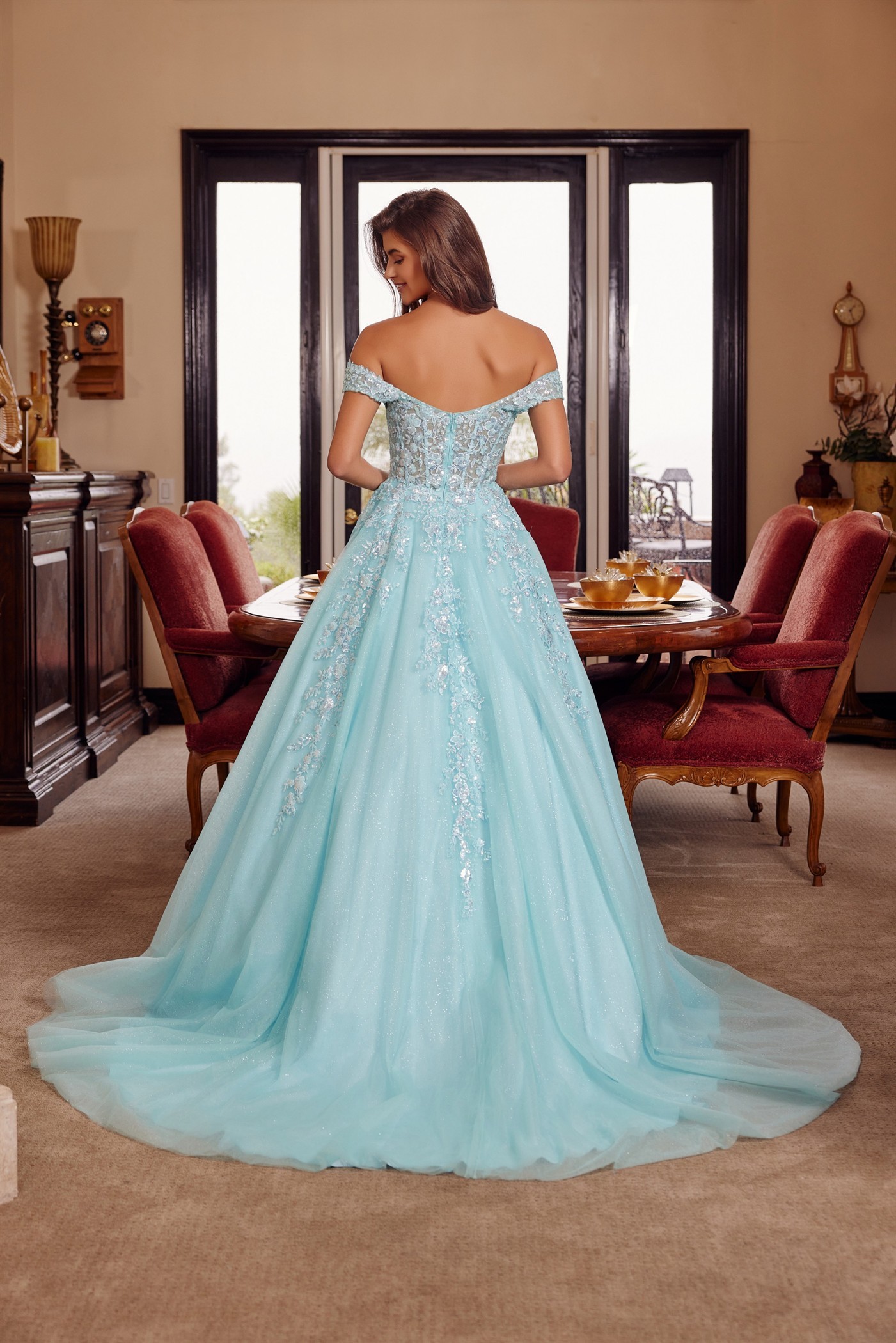 Plunging V Neckline Ball Gown With A Sheer Boned Waistline Prom Dress #H1881
