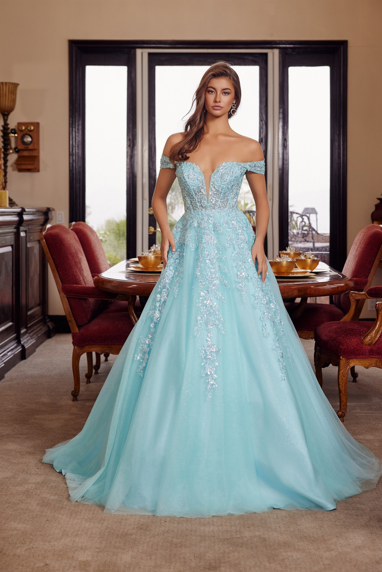 Plunging V Neckline Ball Gown With A Sheer Boned Waistline Prom Dress #H1881