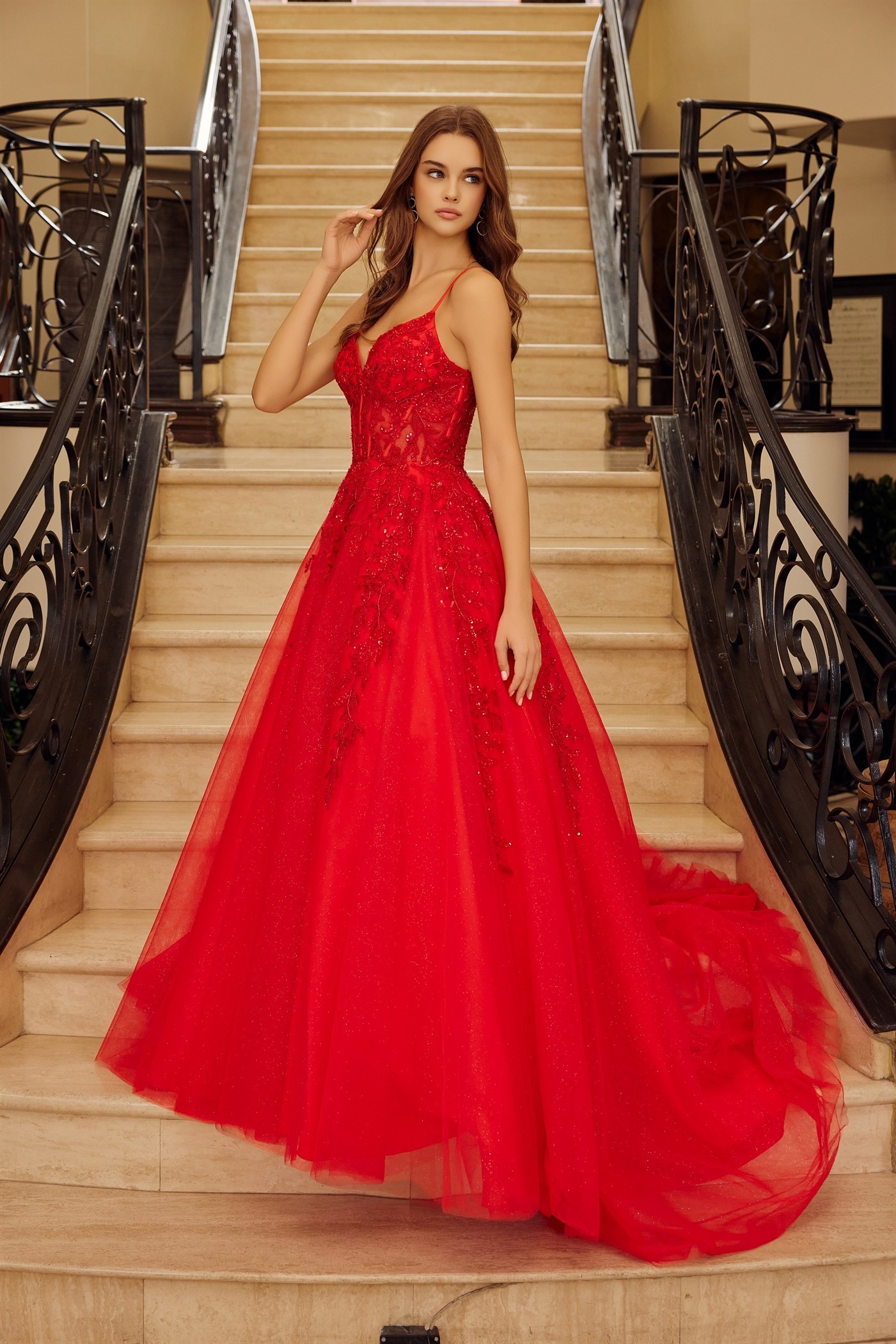 Fit & Flare Long Gown Plunging V Neckline Spaghetti StrapsProm Dress #H1883
