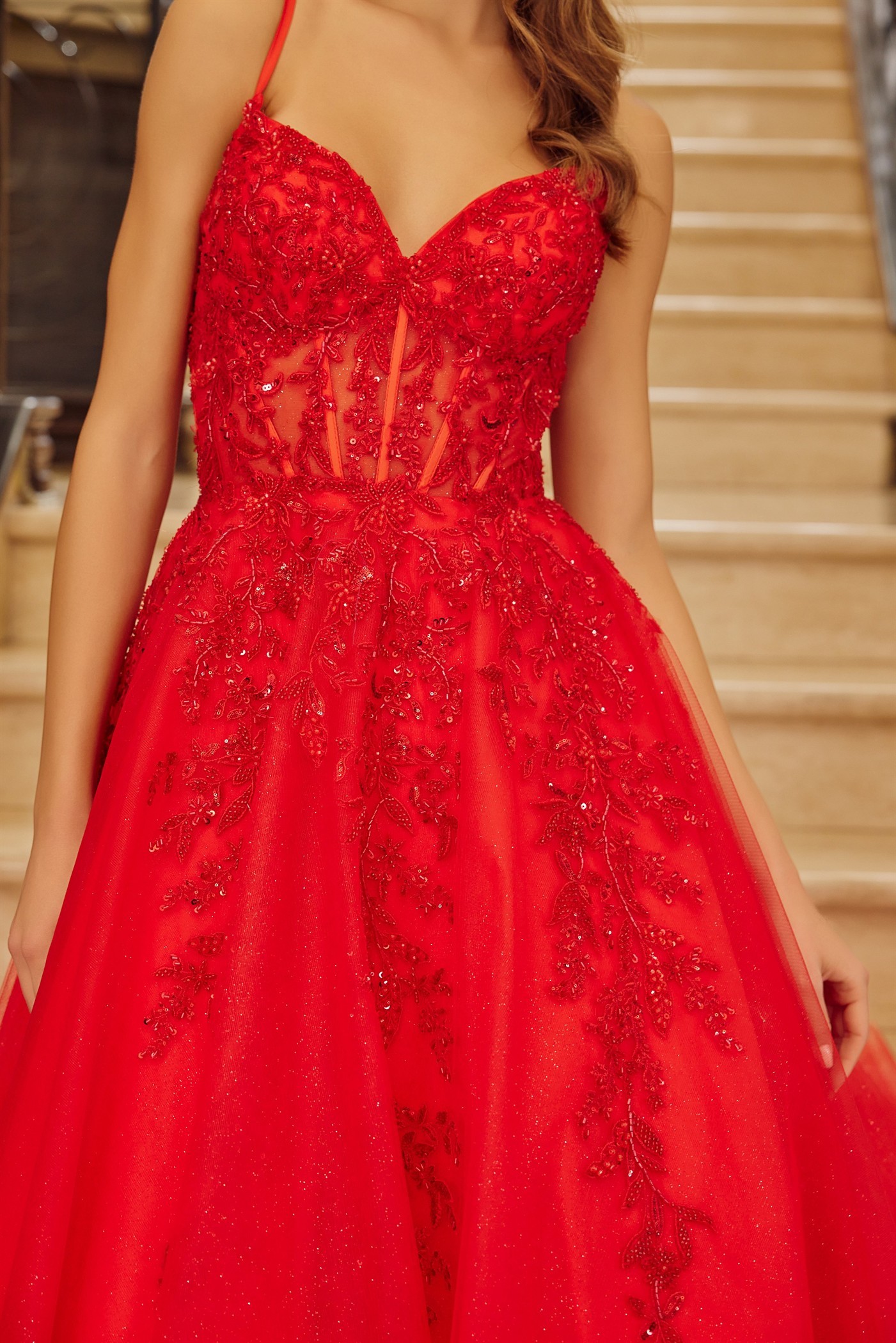 Fit & Flare Long Gown Plunging V Neckline Spaghetti StrapsProm Dress #H1883