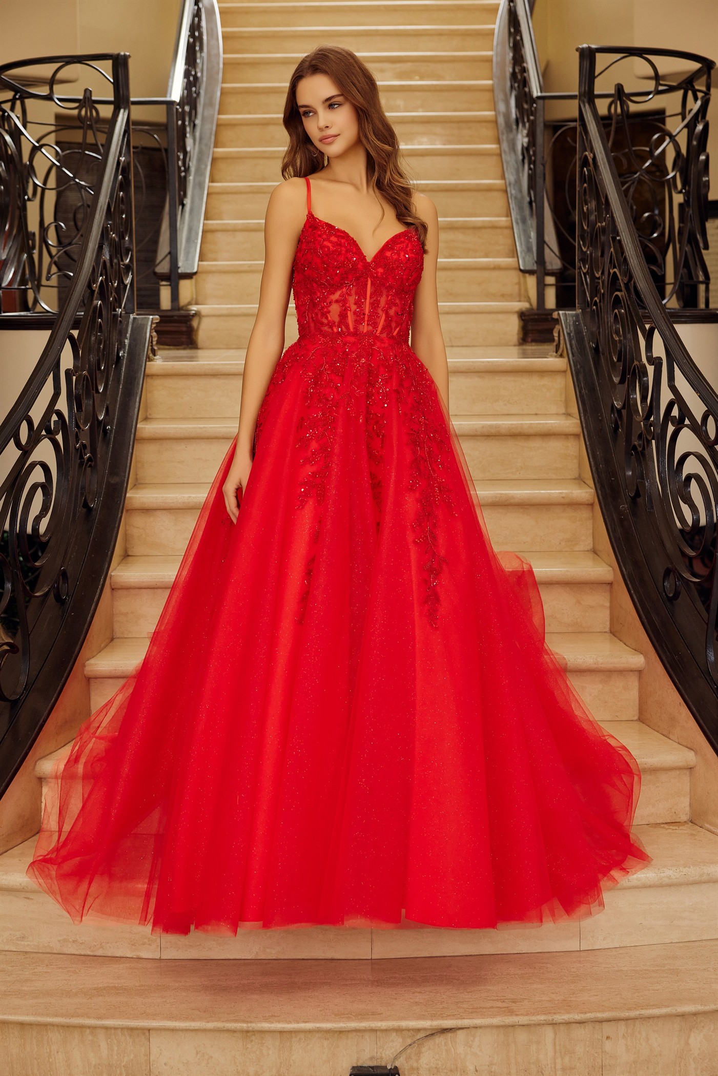 Fit & Flare Long Gown Plunging V Neckline Spaghetti StrapsProm Dress #H1883