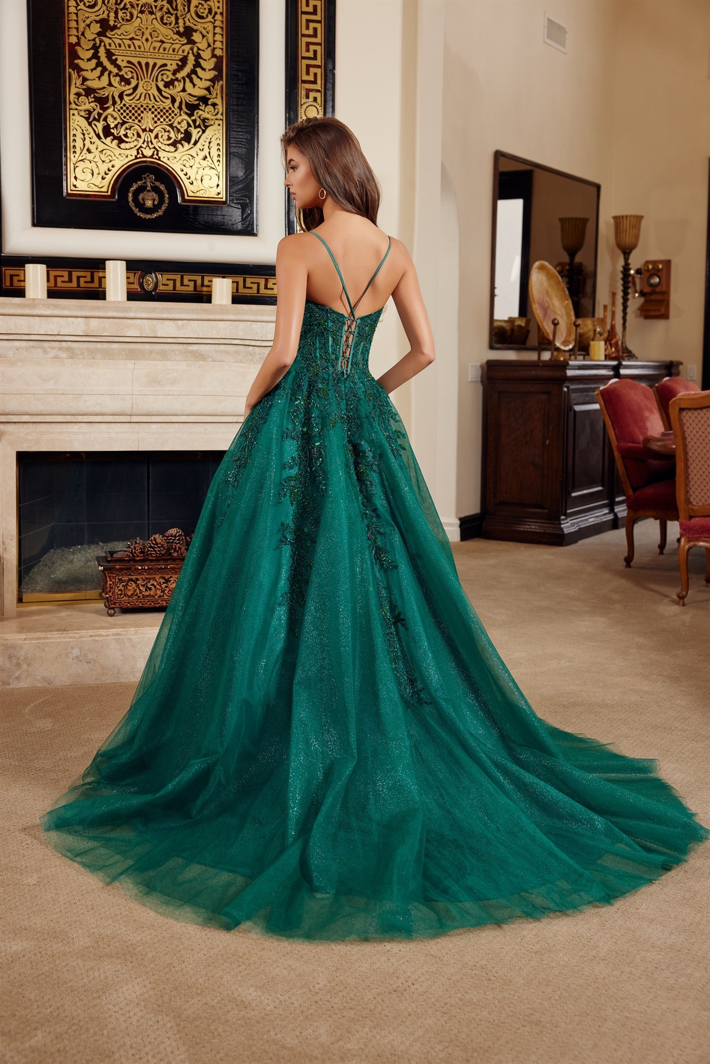 Fit & Flare Long Gown Plunging V Neckline Spaghetti StrapsProm Dress #H1883