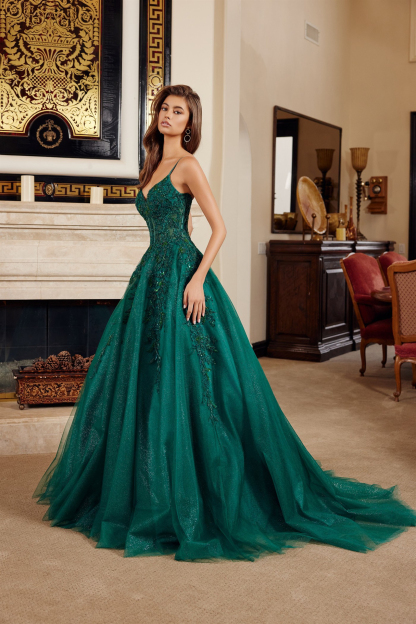 Fit & Flare Long Gown Plunging V Neckline Spaghetti StrapsProm Dress #H1883