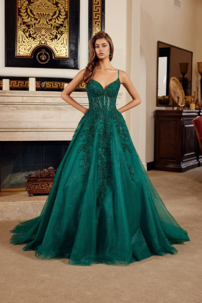 Fit & Flare Long Gown Plunging V Neckline Spaghetti StrapsProm Dress #H1883