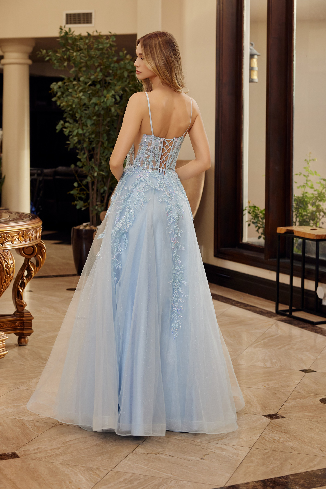 Fit And Flare Long Gown Scoop Neckline Thin Straps Prom Dress #H1886