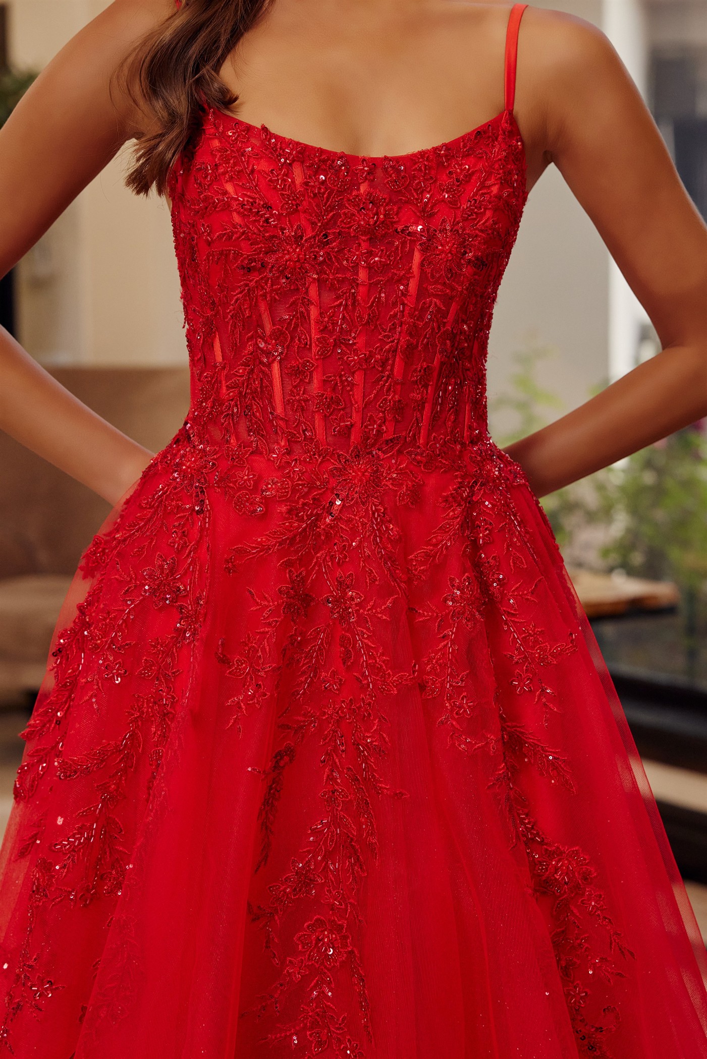 Fit And Flare Long Gown Scoop Neckline Thin Straps Prom Dress #H1886