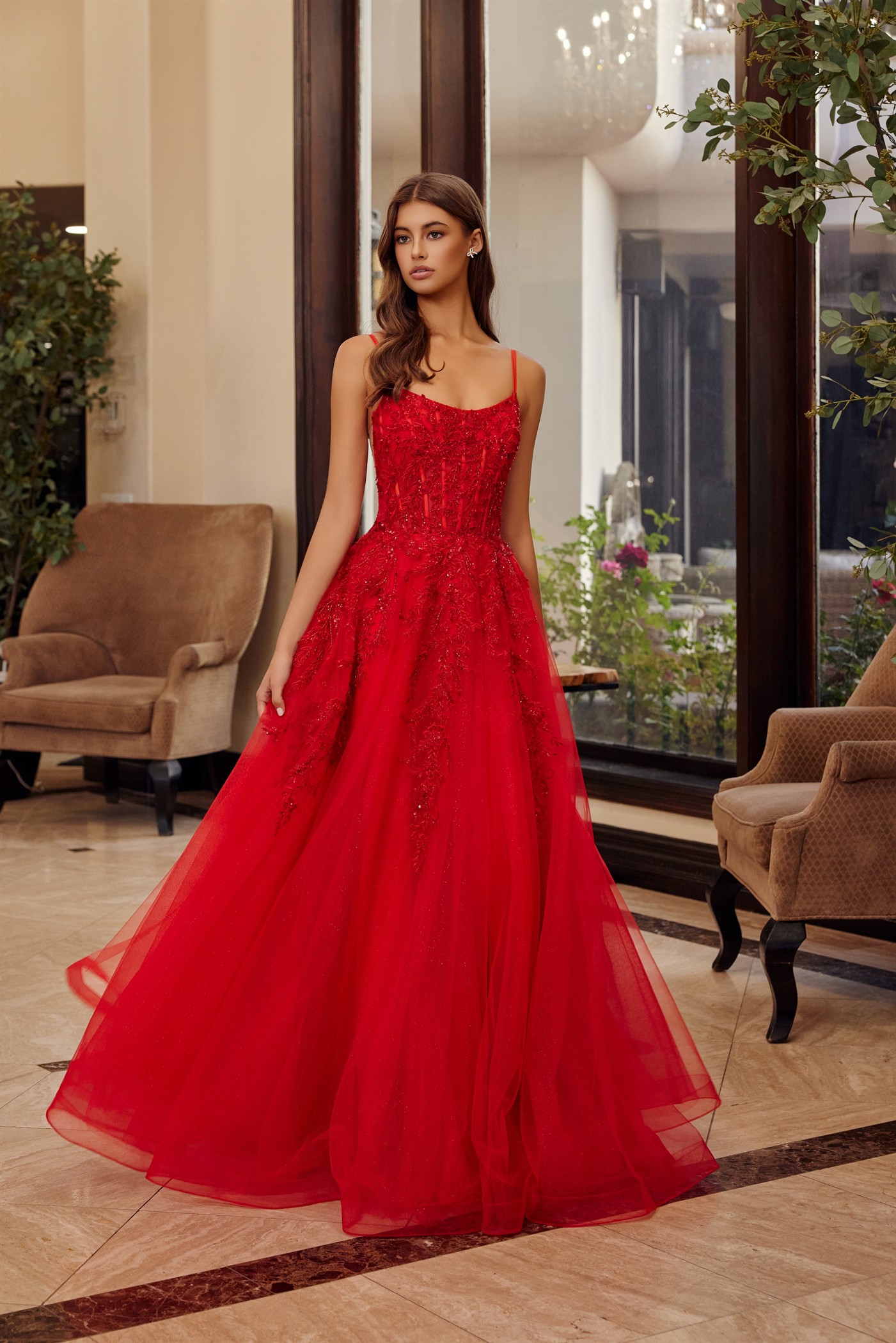 Fit And Flare Long Gown Scoop Neckline Thin Straps Prom Dress #H1886