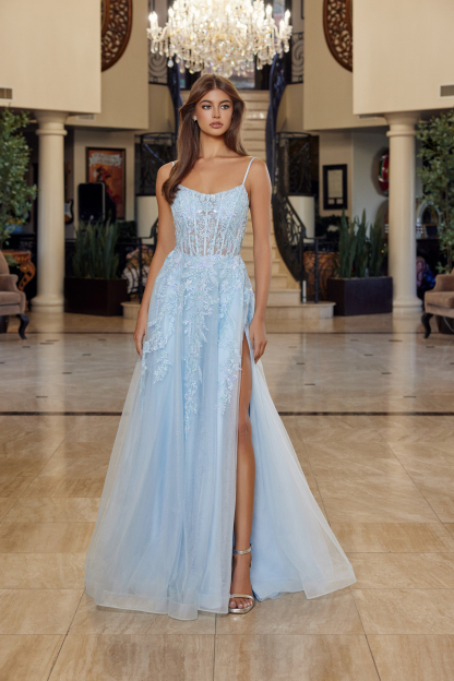 Fit And Flare Long Gown Scoop Neckline Thin Straps Prom Dress #H1886