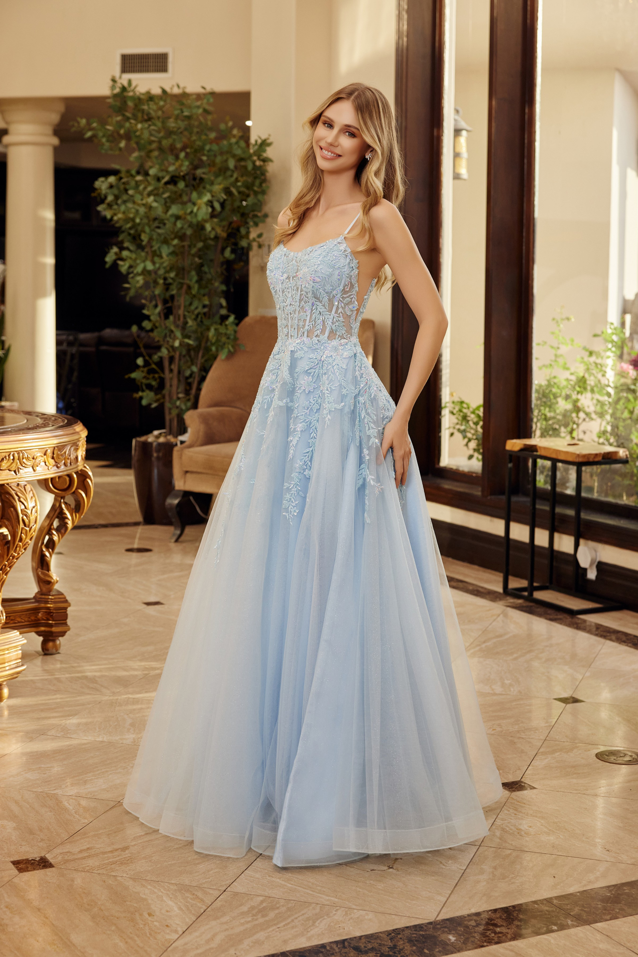 Fit And Flare Long Gown Scoop Neckline Thin Straps Prom Dress #H1886