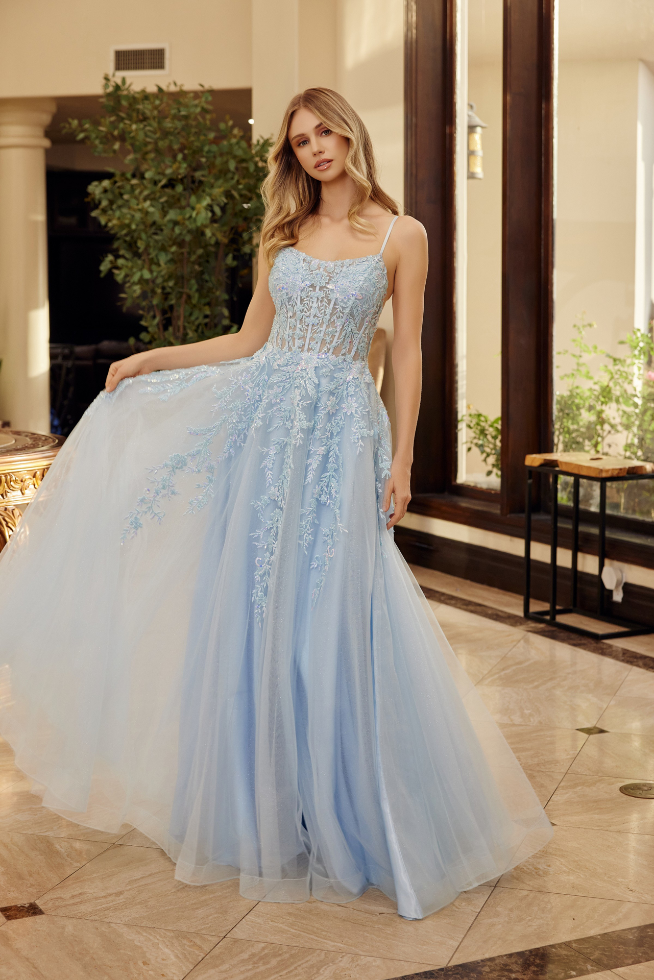 Fit And Flare Long Gown Scoop Neckline Thin Straps Prom Dress #H1886