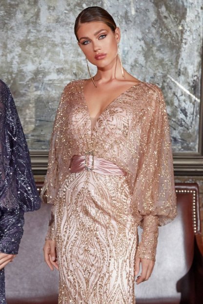 Long Sleeve Fitted Glitter Print Gown #J821