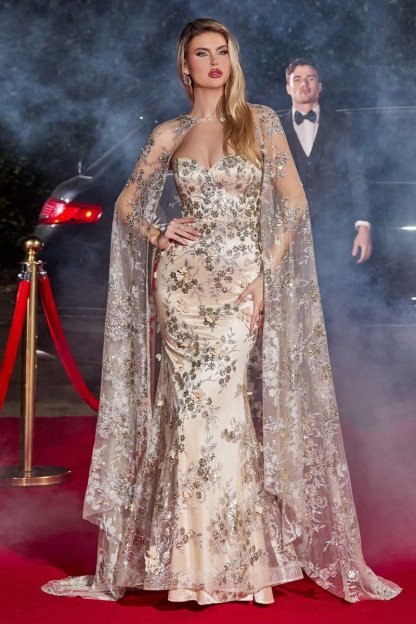 Stunning Fitted Sweetheart Strapless Mermaid Gown With Lace Cape #J834