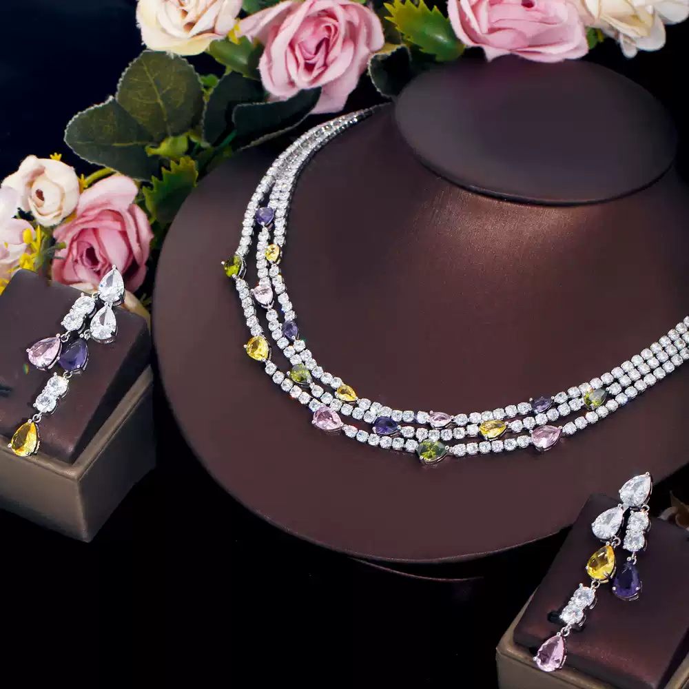 Lady/Bridal Necklace Zircon Water Drop Earrings Sets #JEWLY031