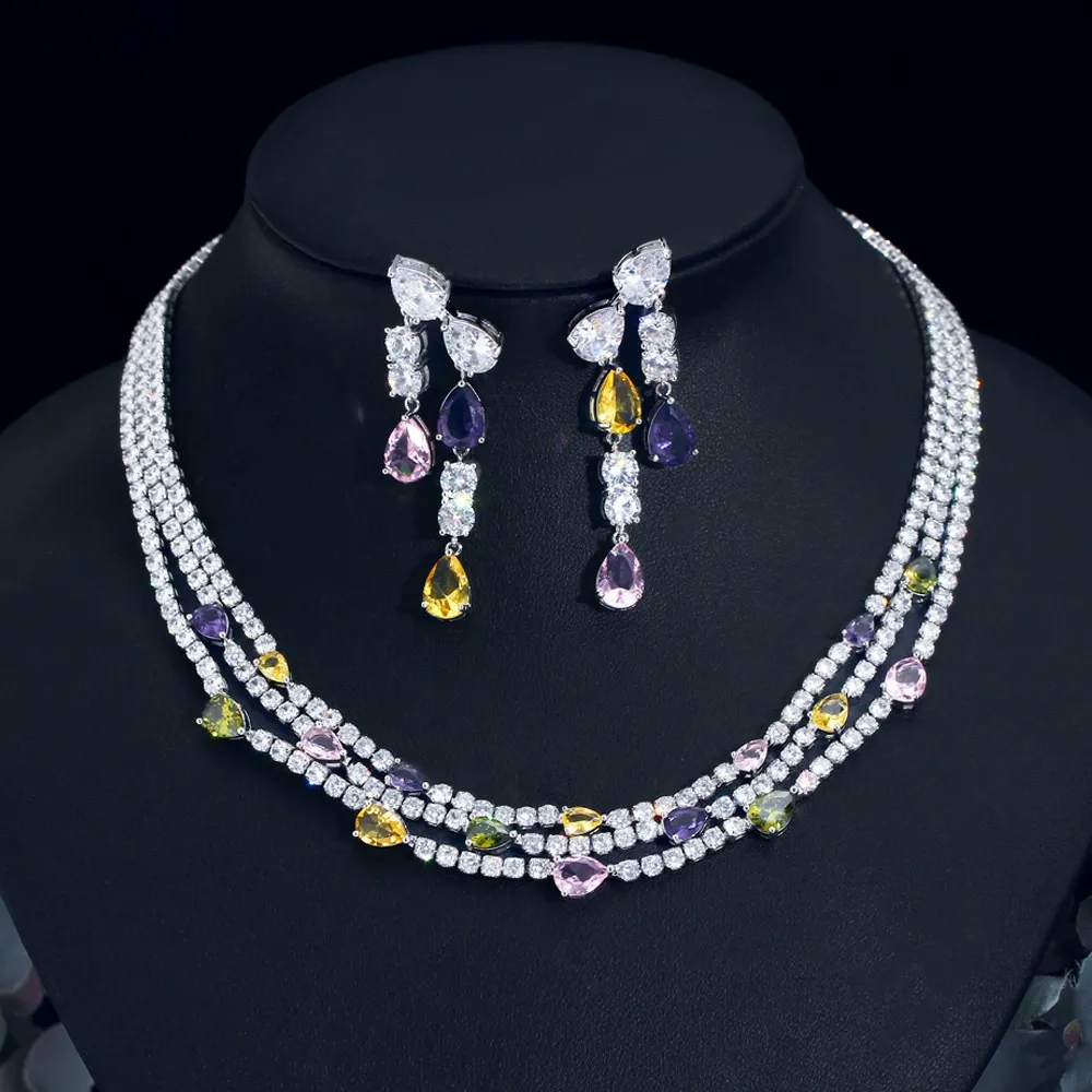 Lady/Bridal Necklace Zircon Water Drop Earrings Sets #JEWLY031