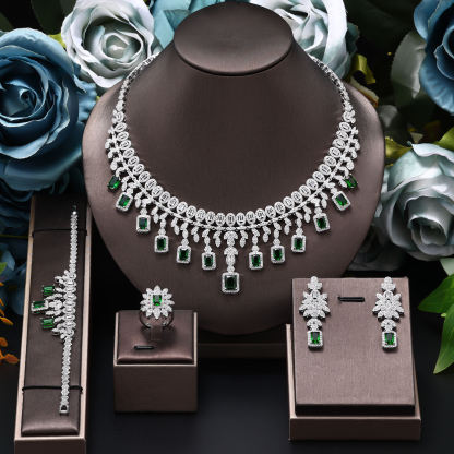 Green Gemstone Necklace Four-Piece Sets #JEWLY048