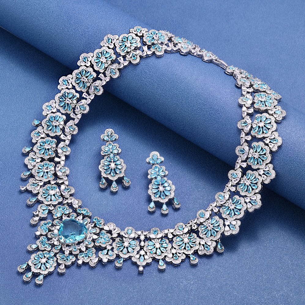 Blue Gemstone Necklace Earrings Sets #JEWLY055