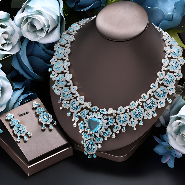 Blue Gemstone Necklace Earrings Sets #JEWLY055